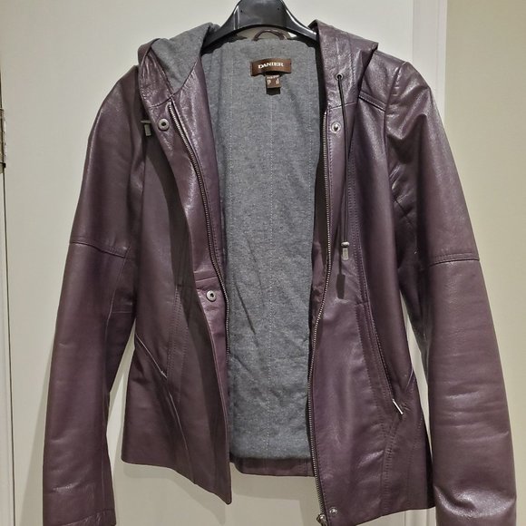 Danier leather eggplant purple moto jacket with hoody and lining. - Picture 1 of 5